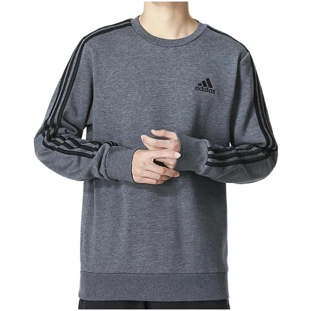 Adidas Essentials 3-Stripes‎ Crewneck Sweatshirt Mens Large Grey Fleece Pullover